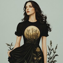 Wall Mural - A woman in a floral dress with a nature-themed design.