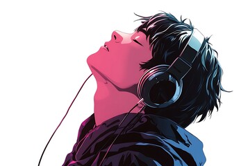 Wall Mural - Young man listening to music with headphones, colorful lighting, white background, modern art style