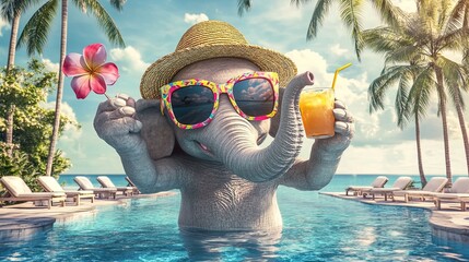 Cheerful Elephant in Colorful Straw Hat & Sunglasses: Perfect Poster for Poolside Vibes & Tropical Sports Decor, Relaxing with a Drink by the Serene Pool & Palm Trees