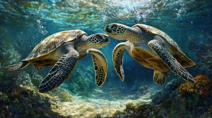 Two Sea Turtles Swimming in a Coral Reef