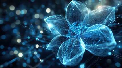 Glowing lines and a flower with blue veins, evoking digital motion and futuristic data networks in a dark, abstract design