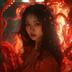 Canvas Print - A woman surrounded by glowing octopus tentacles.