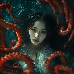 Canvas Print - A woman surrounded by swirling octopus tentacles underwater.