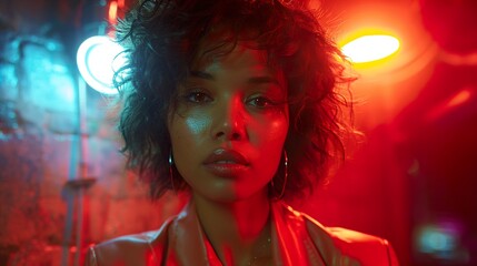 Wall Mural - Close-up Portrait of a Woman in Red and Blue Light