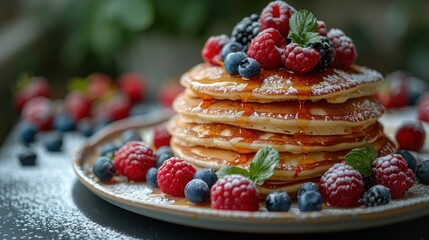 Delicious Pancakes with Fresh Berries and Fruits on a Plate