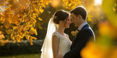 Sticker - A bride and groom are standing under a tree with leaves falling. The bride is wearing a white dress and the groom is wearing a blue suit. They are both smiling and looking at each other