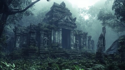 Poster - Ancient Stone Temple Overgrown with Vines in a Foggy Jungle