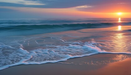 Serene sunset over gentle waves lapping against sandy shores, creating a peaceful summer beach seascape backdrop