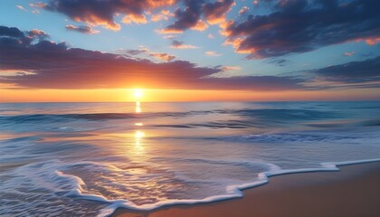 Serene sunset over gentle waves lapping against sandy shores, creating a peaceful summer beach seascape backdrop