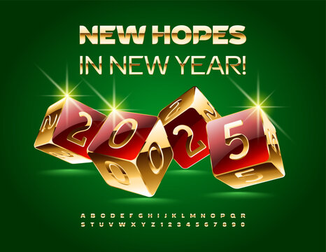 Vector luxury Wish Card New Hopes in New Year 2025! Elite Gold Font. Premium style Alphabet Letters and Numbers set.