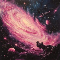 Wall Mural - Abstract cosmic scene with swirling galaxies and planets.