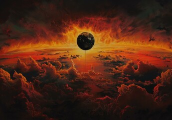 Wall Mural - a painting of a planet floating in the sky with fire and clouds. ai.