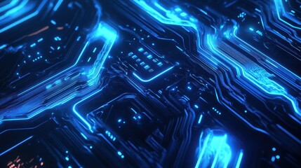 High-tech blue design with flowing neon lines, circuit board elements, and abstract shapes, reflecting the modern digital landscape and data systems.