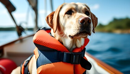 Wall Mural - Adventure at sea with a Labrador in a lifejacket on a sailing boat, enjoying a summer getaway with a furry companion