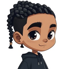 Wall Mural - Cute Cartoon Boy with Braids, Black Hoodie and Smiling Face