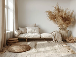 Wall Mural - A serene minimalist Scandinavian living room featuring cozy beige sofa adorned with soft cushions, complemented by natural decor elements like large plant and woven accessories. warm tones create calm