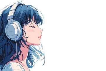 Wall Mural - Anime girl with blue hair listening to music with headphones