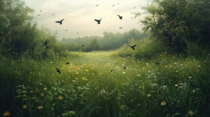 Canvas Print - Birds Flying Over a Lush Green Meadow with Yellow Flowers