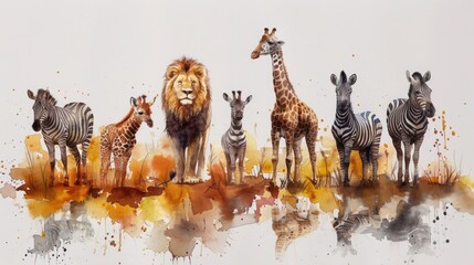 African Safari Watercolor Illustration with Baby Elephant, Lion, Zebra, Giraffe, and Hippopotamus - Set of Wild Animals