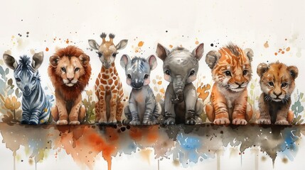 African Safari Watercolor Illustration with Baby Elephant, Lion, Zebra, Giraffe, and Hippopotamus - Set of Wild Animals