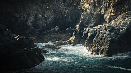 Poster - Dark Cliffs and Foamy Waves Crashing Against Rugged Coastline