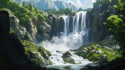 Canvas Print - A Majestic Waterfall Cascading Through a Lush Mountain Valley