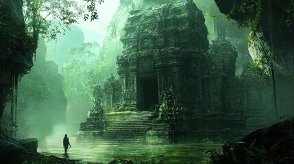 A lone figure walks towards a mossy ancient temple in a jungle setting