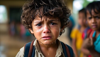 Canvas Print - young boy experiencing distress and emotional meltdown in a school environment