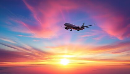 Wall Mural - Stunning Gradient Sunset Sky with an Airplane Soaring High Above