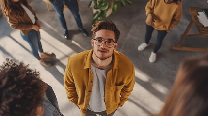 Sticker - Young man in yellow shirt looking up at camera