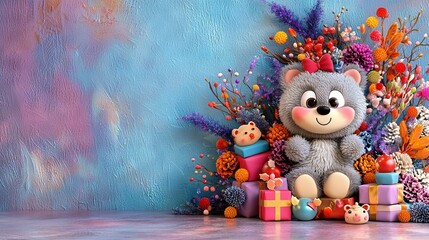 Wall Mural -   A  bear perches atop a toy pile beside vibrant blooms and a blue backdrop