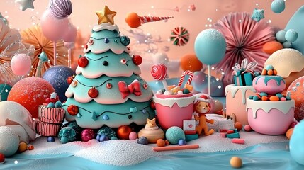 Wall Mural -   A vibrant Christmas tree with candies and sweets surrounds the festive room with balloons and confetti