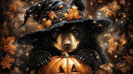 Canvas Print -   A bear wearing a witch's hat and holding a jack-o'-lantern in its paws