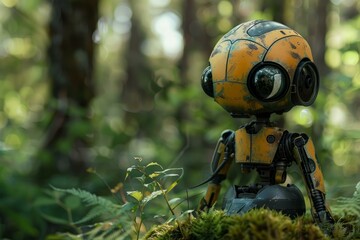 Poster - Small yellow and black robot sitting on a bed of moss in a forest