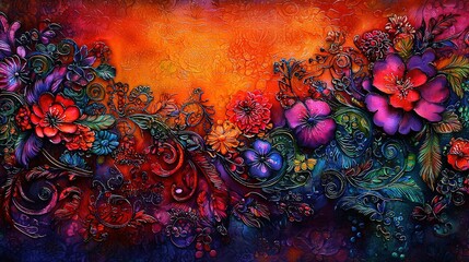 Wall Mural -   A painting of vibrant flowers and foliage on a multicolored backdrop featuring purple, orange, red, and blue hues, set against an orange sky in the distance