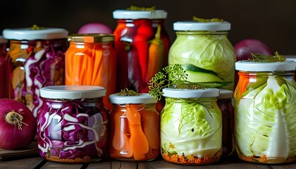 Artisanal assortment of homemade pickled vegetables in jars featuring vibrant red onions, carrots, cabbage, and cucumbers