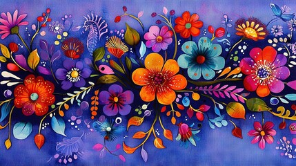 Wall Mural -   A stunning painting featuring vibrant flowers and falling leaves set against a captivating blue backdrop The artwork includes an edge of fiery red, deep orange, rich blue, and l