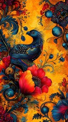 Wall Mural -   A painting of a black bird on a yellow background surrounded by red and blue flowers with a prominent red flower in the foreground