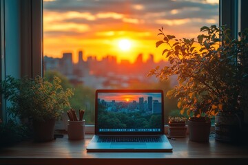 Poster - Laptop by Window with Sunset View