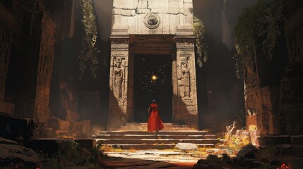 Poster - A lone figure in a red cloak approaches a doorway in an ancient stone temple.