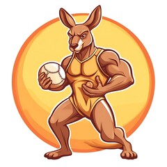 Wall Mural - Muscular kangaroo athlete holding a baseball ready to play. Cartoon mascot with a determined expression for sport teams and merchandise.