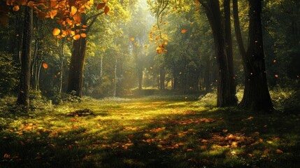 Canvas Print - Sunlight Filtering Through Trees in a Forest with Falling Autumn Leaves