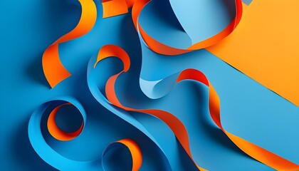 Canvas Print - Dynamic swirls of orange paper ribbons against a vibrant blue background