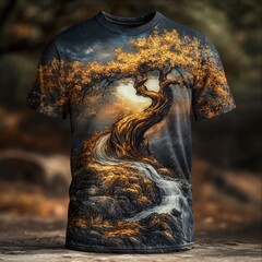 Canvas Print - Artistic t-shirt featuring a tree and flowing water design.