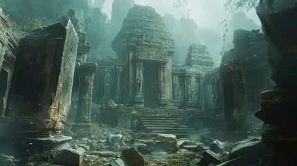 Sticker - Ancient Stone Temple Ruins Amidst Misty Jungle