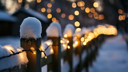 Poster - Snow-Covered Fence Posts with Twinkling Lights at Dusk