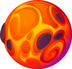 Poster - Cartoon galaxy fantasy alien magma space planet with swirling patterns in bright orange and yellow with darker patches resembling volcanic craters. Vector otherworldly, spherical celestial object