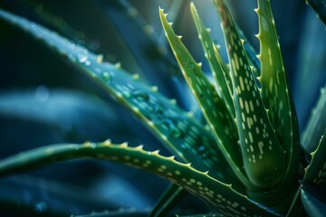 Poster - Close up of a vibrant green aloe vera plant with water droplets clinging to its leaves