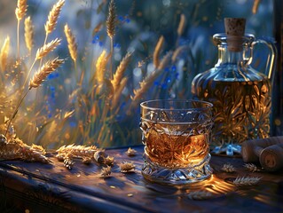 Wall Mural - Golden Hour Whiskey: A Still Life of Relaxation and Enjoyment