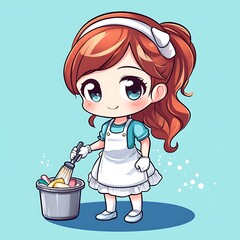 Wall Mural - Cute anime girl character cleaning with a mop and bucket